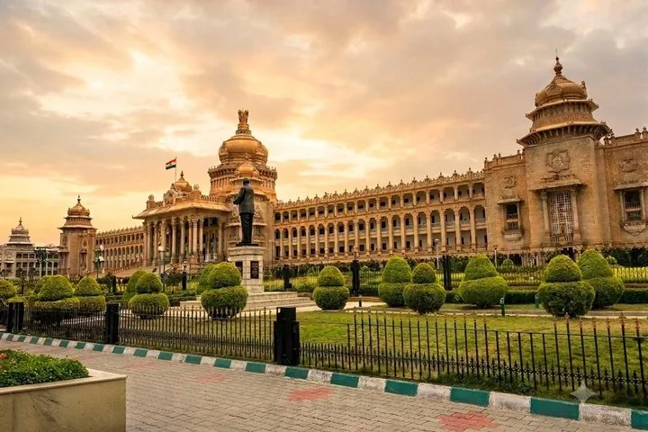 Vidhana Soudha in Bangalore glowing beautifully at sunset